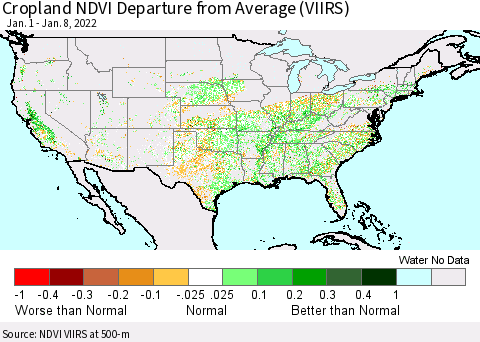 United States Cropland NDVI Departure from Average (VIIRS) Thematic Map For 1/1/2022 - 1/8/2022