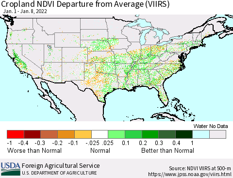 United States Cropland NDVI Departure from Average (VIIRS) Thematic Map For 1/1/2022 - 1/10/2022