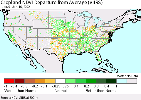 United States Cropland NDVI Departure from Average (VIIRS) Thematic Map For 1/9/2022 - 1/16/2022