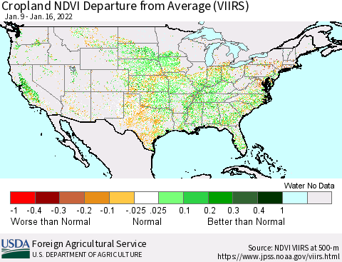 United States Cropland NDVI Departure from Average (VIIRS) Thematic Map For 1/11/2022 - 1/20/2022