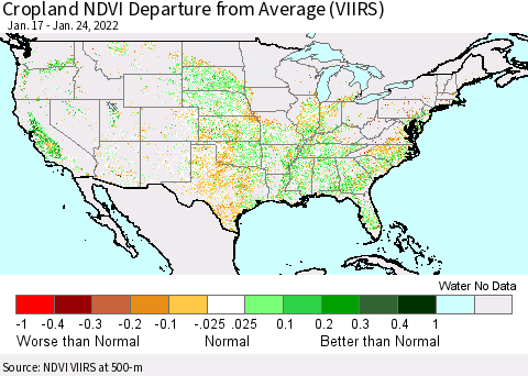 United States Cropland NDVI Departure from Average (VIIRS) Thematic Map For 1/17/2022 - 1/24/2022