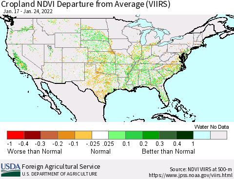 United States Cropland NDVI Departure from Average (VIIRS) Thematic Map For 1/21/2022 - 1/31/2022