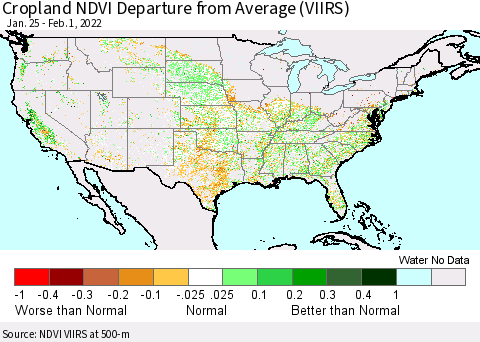 United States Cropland NDVI Departure from Average (VIIRS) Thematic Map For 1/25/2022 - 2/1/2022