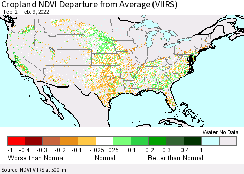 United States Cropland NDVI Departure from Average (VIIRS) Thematic Map For 2/2/2022 - 2/9/2022