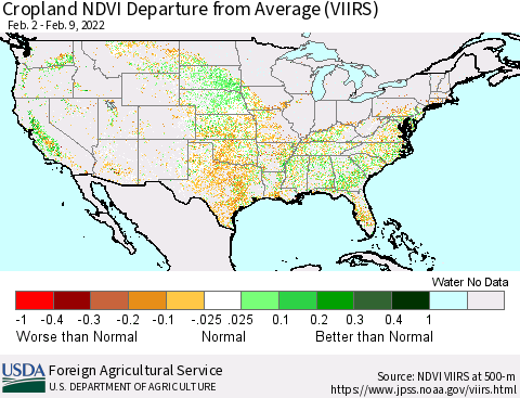 United States Cropland NDVI Departure from Average (VIIRS) Thematic Map For 2/1/2022 - 2/10/2022