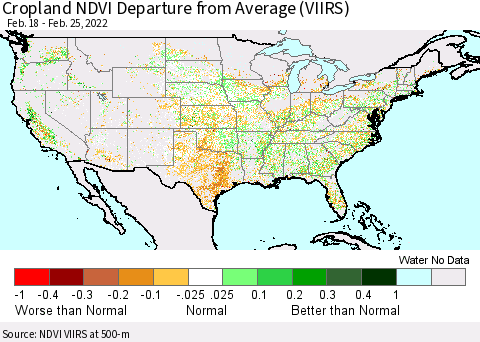 United States Cropland NDVI Departure from Average (VIIRS) Thematic Map For 2/18/2022 - 2/25/2022