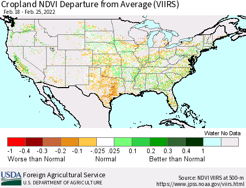 United States Cropland NDVI Departure from Average (VIIRS) Thematic Map For 2/21/2022 - 2/28/2022