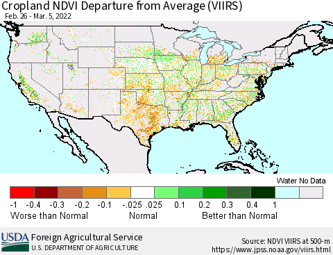 United States Cropland NDVI Departure from Average (VIIRS) Thematic Map For 3/1/2022 - 3/10/2022