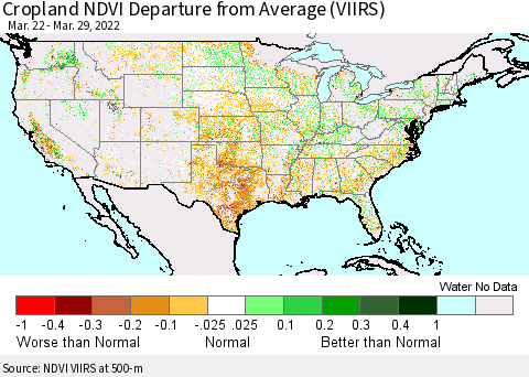 United States Cropland NDVI Departure from Average (VIIRS) Thematic Map For 3/22/2022 - 3/29/2022
