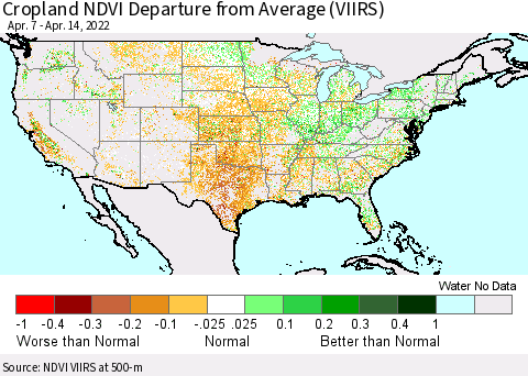 United States Cropland NDVI Departure from Average (VIIRS) Thematic Map For 4/7/2022 - 4/14/2022