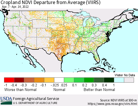 United States Cropland NDVI Departure from Average (VIIRS) Thematic Map For 4/11/2022 - 4/20/2022