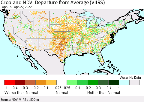 United States Cropland NDVI Departure from Average (VIIRS) Thematic Map For 4/15/2022 - 4/22/2022