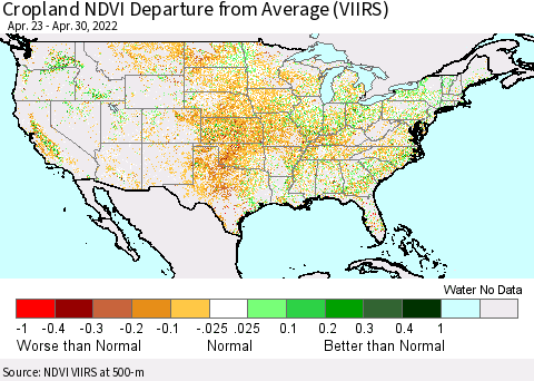 United States Cropland NDVI Departure from Average (VIIRS) Thematic Map For 4/23/2022 - 4/30/2022