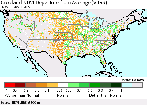 United States Cropland NDVI Departure from Average (VIIRS) Thematic Map For 5/1/2022 - 5/8/2022