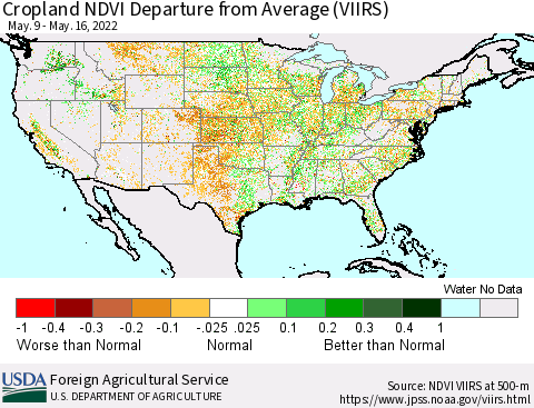 United States Cropland NDVI Departure from Average (VIIRS) Thematic Map For 5/11/2022 - 5/20/2022
