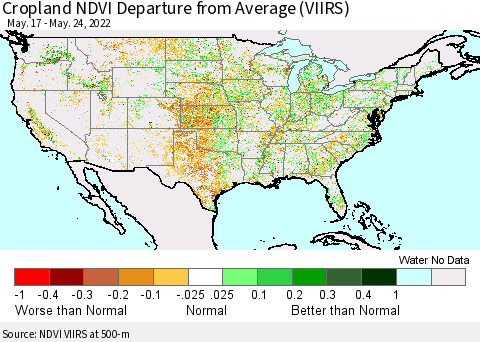 United States Cropland NDVI Departure from Average (VIIRS) Thematic Map For 5/17/2022 - 5/24/2022
