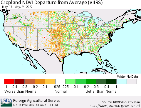 United States Cropland NDVI Departure from Average (VIIRS) Thematic Map For 5/21/2022 - 5/31/2022