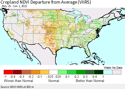 United States Cropland NDVI Departure from Average (VIIRS) Thematic Map For 5/25/2022 - 6/1/2022