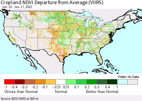 United States Cropland NDVI Departure from Average (VIIRS) Thematic Map For 6/10/2022 - 6/17/2022
