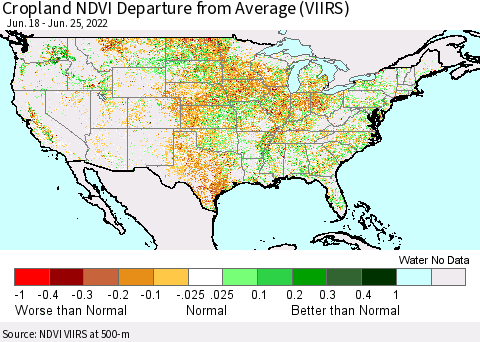 United States Cropland NDVI Departure from Average (VIIRS) Thematic Map For 6/18/2022 - 6/25/2022