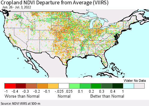 United States Cropland NDVI Departure from Average (VIIRS) Thematic Map For 6/26/2022 - 7/3/2022