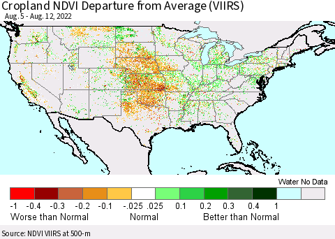 United States Cropland NDVI Departure from Average (VIIRS) Thematic Map For 8/5/2022 - 8/12/2022