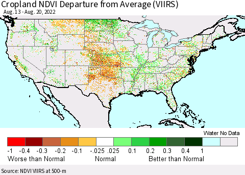 United States Cropland NDVI Departure from Average (VIIRS) Thematic Map For 8/11/2022 - 8/20/2022
