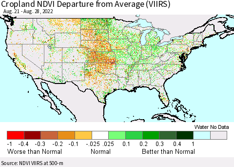 United States Cropland NDVI Departure from Average (VIIRS) Thematic Map For 8/21/2022 - 8/28/2022