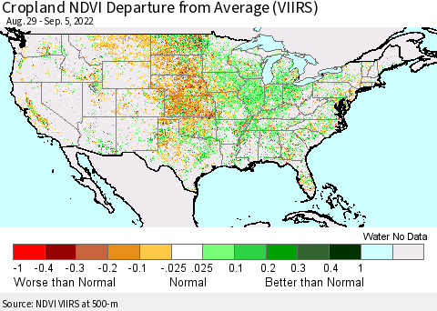 United States Cropland NDVI Departure from Average (VIIRS) Thematic Map For 8/29/2022 - 9/5/2022