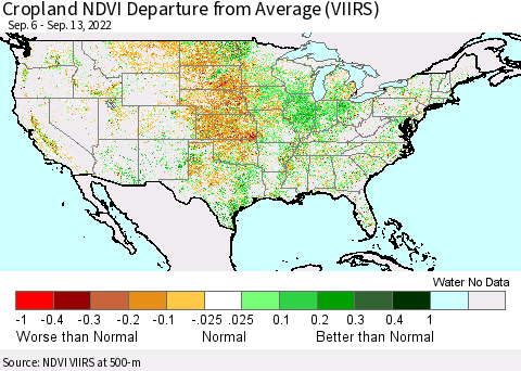 United States Cropland NDVI Departure from Average (VIIRS) Thematic Map For 9/6/2022 - 9/13/2022