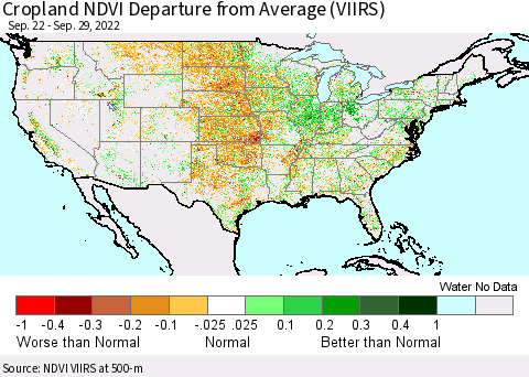 United States Cropland NDVI Departure from Average (VIIRS) Thematic Map For 9/22/2022 - 9/29/2022