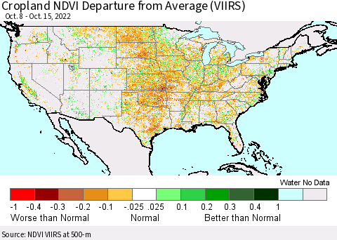 United States Cropland NDVI Departure from Average (VIIRS) Thematic Map For 10/8/2022 - 10/15/2022