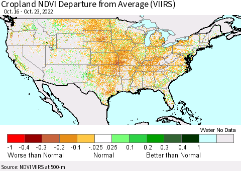 United States Cropland NDVI Departure from Average (VIIRS) Thematic Map For 10/16/2022 - 10/23/2022
