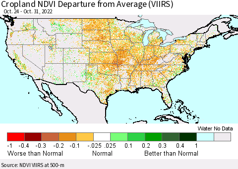 United States Cropland NDVI Departure from Average (VIIRS) Thematic Map For 10/21/2022 - 10/31/2022