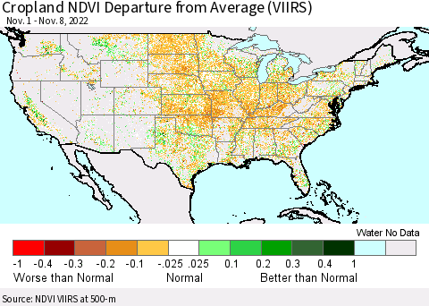 United States Cropland NDVI Departure from Average (VIIRS) Thematic Map For 11/1/2022 - 11/8/2022