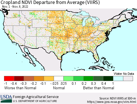 United States Cropland NDVI Departure from Average (VIIRS) Thematic Map For 11/1/2022 - 11/10/2022