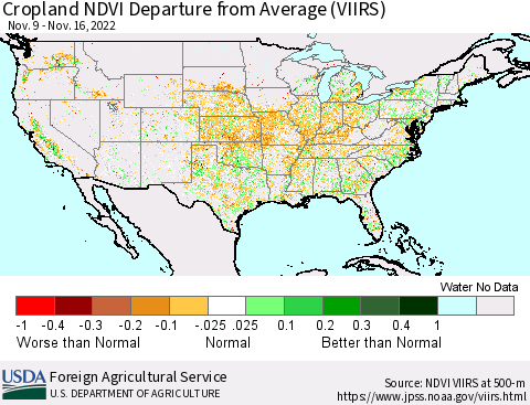 United States Cropland NDVI Departure from Average (VIIRS) Thematic Map For 11/11/2022 - 11/20/2022