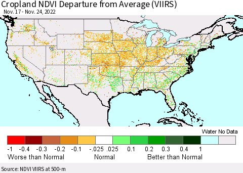 United States Cropland NDVI Departure from Average (VIIRS) Thematic Map For 11/17/2022 - 11/24/2022