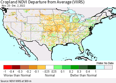 United States Cropland NDVI Departure from Average (VIIRS) Thematic Map For 11/25/2022 - 12/2/2022