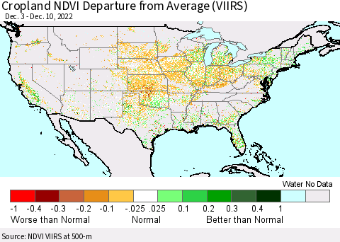 United States Cropland NDVI Departure from Average (VIIRS) Thematic Map For 12/1/2022 - 12/10/2022