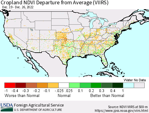 United States Cropland NDVI Departure from Average (VIIRS) Thematic Map For 12/21/2022 - 12/31/2022