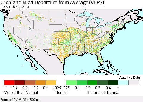 United States Cropland NDVI Departure from Average (VIIRS) Thematic Map For 1/1/2023 - 1/8/2023