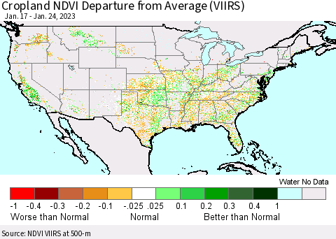United States Cropland NDVI Departure from Average (VIIRS) Thematic Map For 1/17/2023 - 1/24/2023