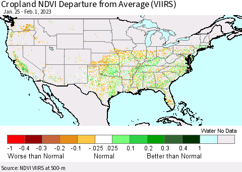 United States Cropland NDVI Departure from Average (VIIRS) Thematic Map For 1/25/2023 - 2/1/2023