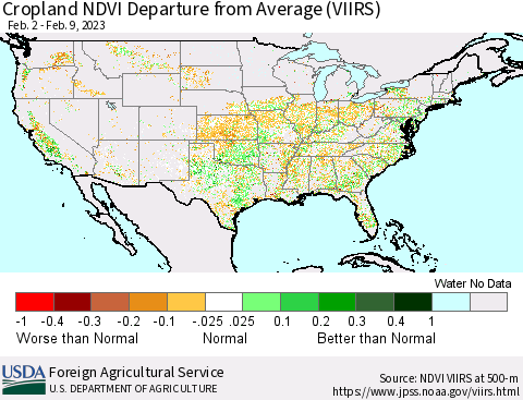 United States Cropland NDVI Departure from Average (VIIRS) Thematic Map For 2/1/2023 - 2/10/2023