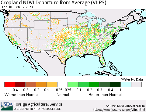 United States Cropland NDVI Departure from Average (VIIRS) Thematic Map For 2/11/2023 - 2/20/2023