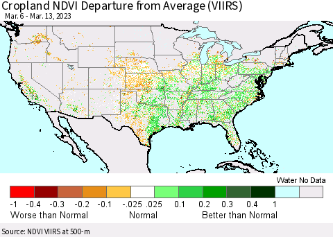 United States Cropland NDVI Departure from Average (VIIRS) Thematic Map For 3/6/2023 - 3/13/2023