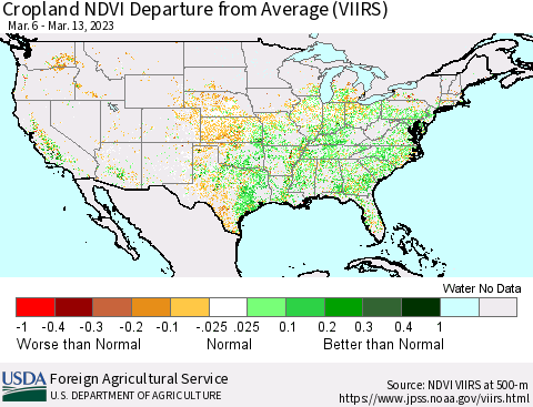 United States Cropland NDVI Departure from Average (VIIRS) Thematic Map For 3/11/2023 - 3/20/2023
