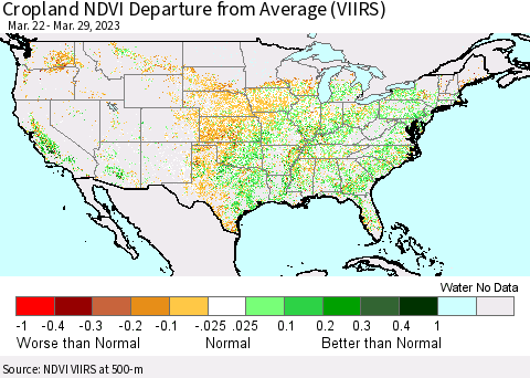 United States Cropland NDVI Departure from Average (VIIRS) Thematic Map For 3/22/2023 - 3/29/2023