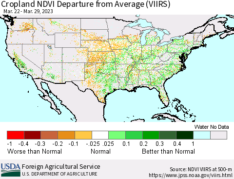 United States Cropland NDVI Departure from Average (VIIRS) Thematic Map For 3/21/2023 - 3/31/2023